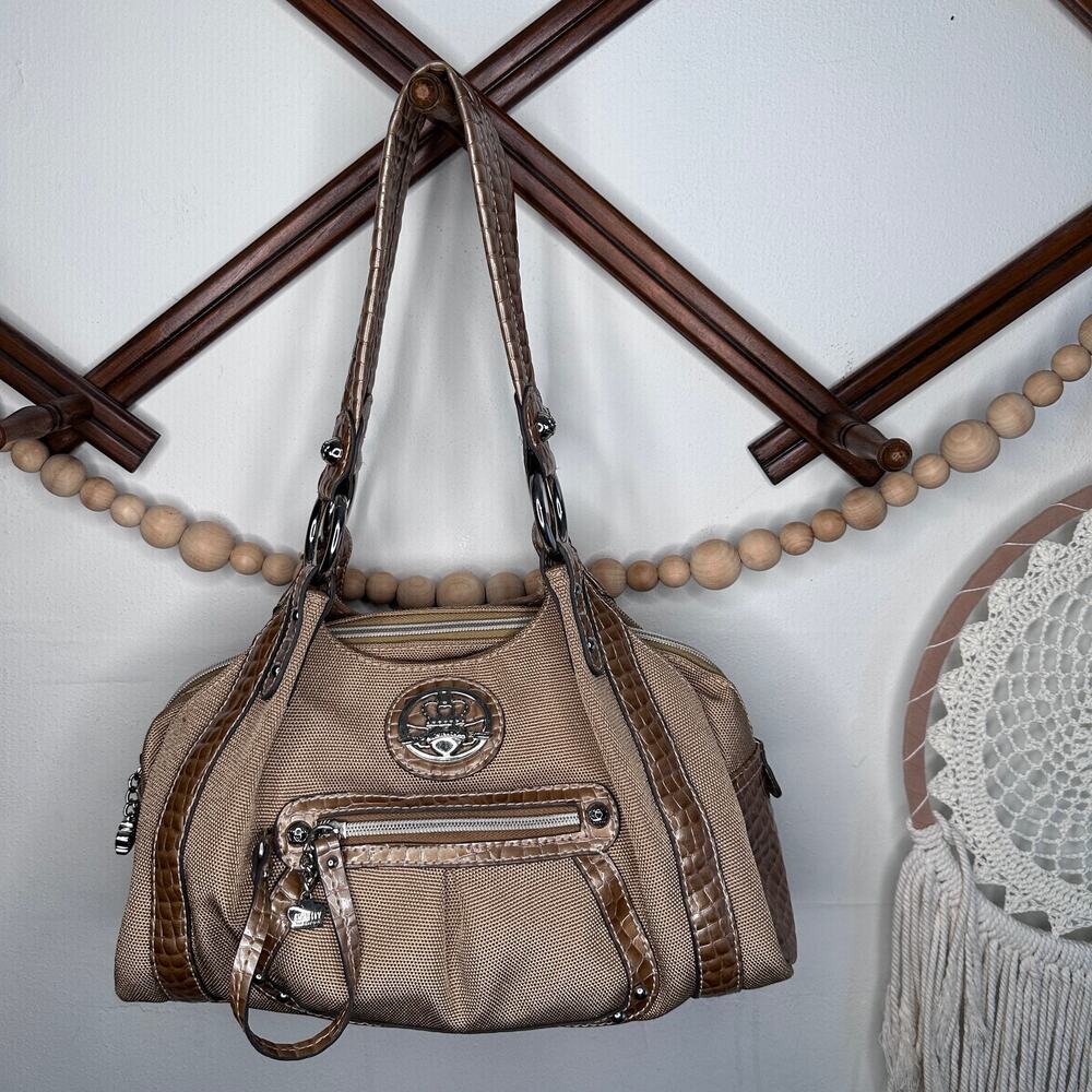 Vintage Y2K Kathy Van Zeeland Tan Cavas Faux Croc Shoulder Bag